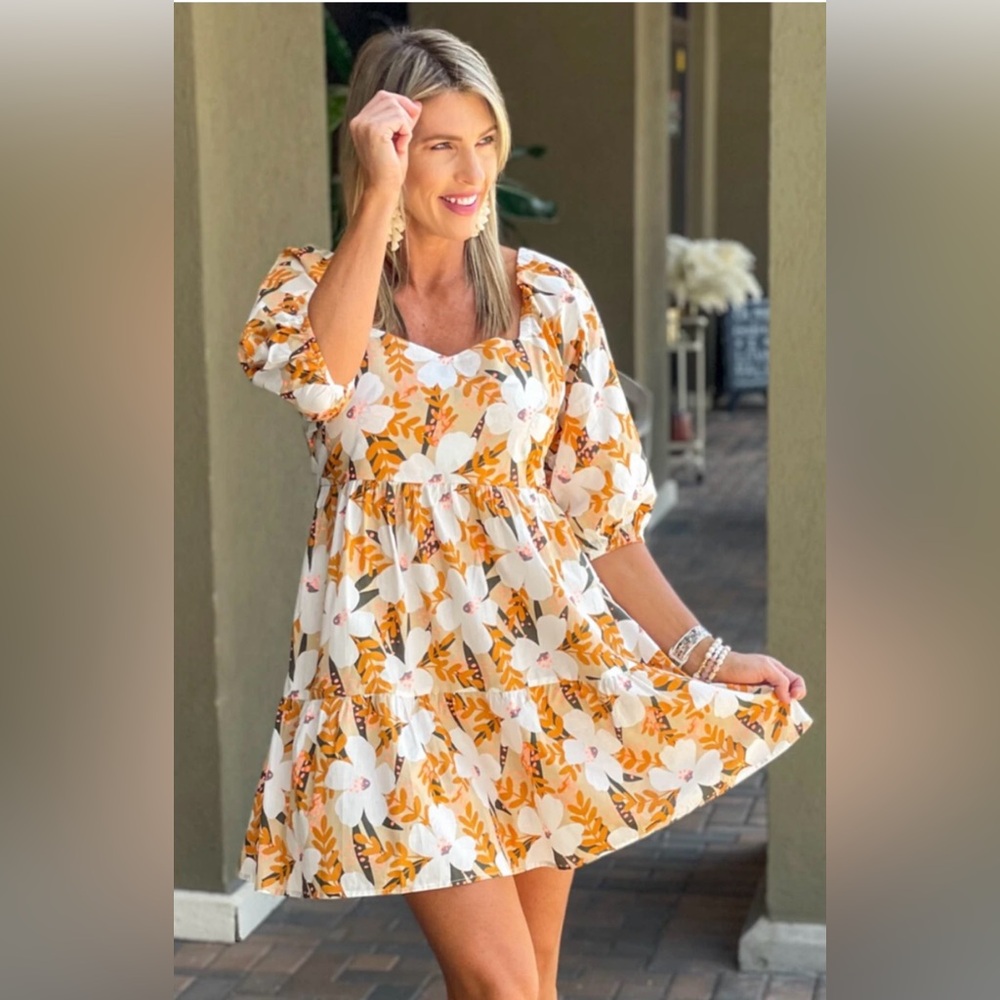 JODIFL Women’s M 100% Cotton Fall Blossoms Floral Mini Babydoll Dress - Picture 1 of 14
